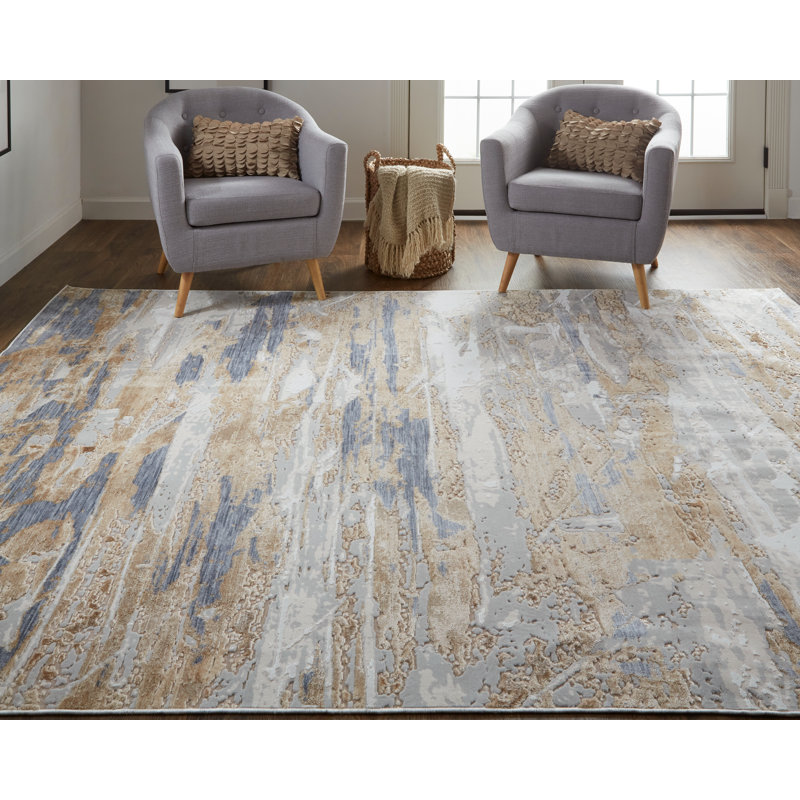 Tapis ivoire / bleu / gris Ossu Corben, Rectangle 12 pi x 15 pi