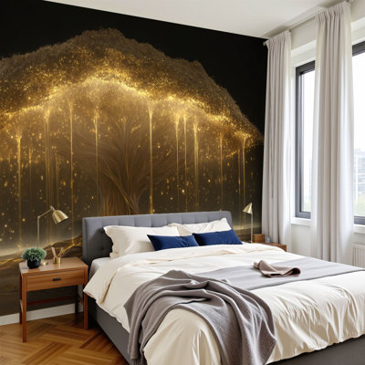 Papier peint adhésif nature noir or moderne minimaliste esthétique arbre majestueux Golden Roots, papier peint amovible H 100 po x l 144 po, papier mural amovible en PVC pour chambre à coucher, bureau à domicile