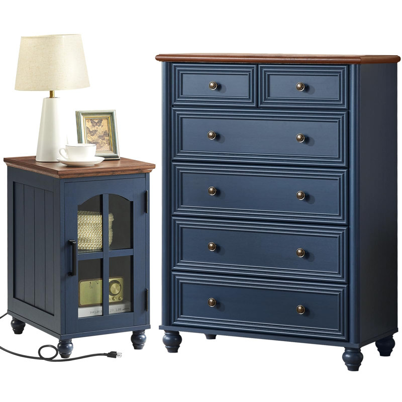Ensemble de 2 commodes 6 tiroirs et table de chevet, meubles de chambre à coucher en bois de ferme avec station de charge et colonne romaine pour la chambre à coucher, le salon et le couloir