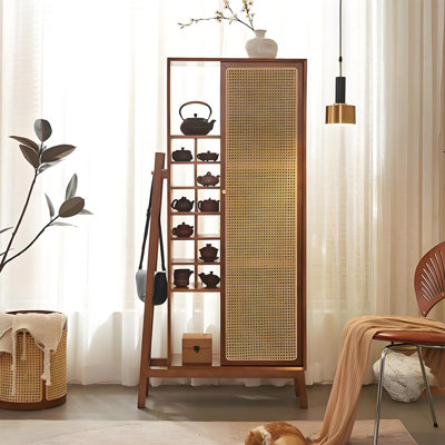 57.28" H x 31.5" W Ash Wood Rattan Tea Cabinet, Solid Wood Display Shelf, Cup Storage Rack for Living Room & Entryway