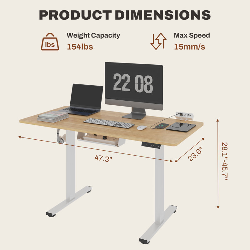 Mancheer Home Office Height Adjustable Standing Desk with USB Ports and Cable Management Tray, 28.7" H x 47.3" W x 23.7" D