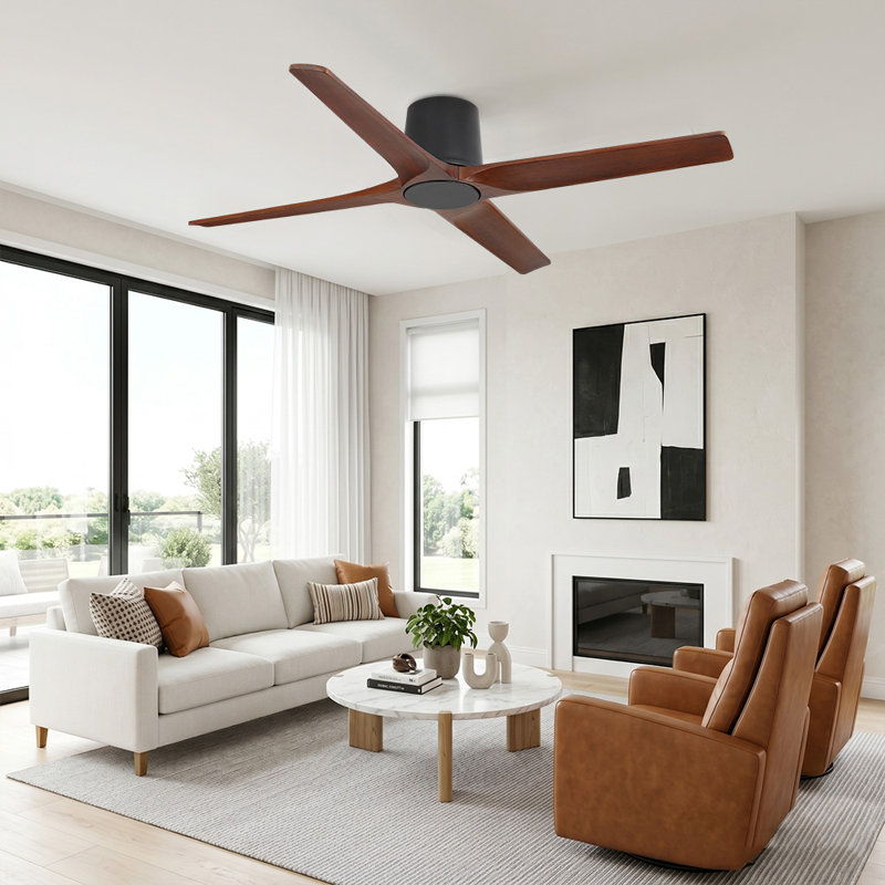 Ventilateur de plafond encastré standard à 4 pales en bois massif avec télécommande, Noir, 48, Noyer