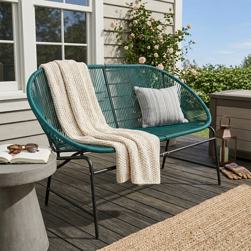 Outdoor Patio Wicker Love Seat, Green Pe Rattan & Iron Frame, Set Of 1, Teal/Black
