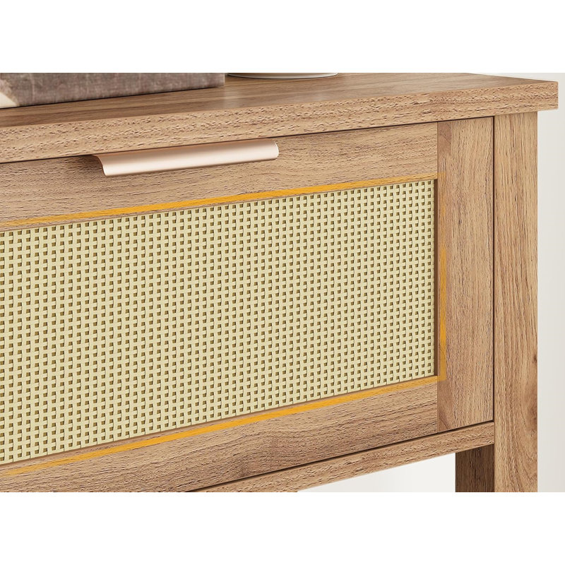Console Table With 2 Rattan Drawers And Open Storage Shelf, Brown