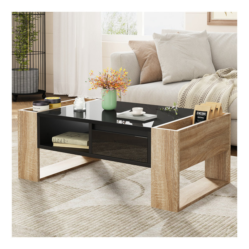 Table basse haute brillance avec 2 tiroirs, table centrale pratique à deux tons avec compartiments cachés, table basse rectangulaire avec tablette de rangement ouverte pour le salon, la chambre à coucher, noir, 41,3 x 23,6 po