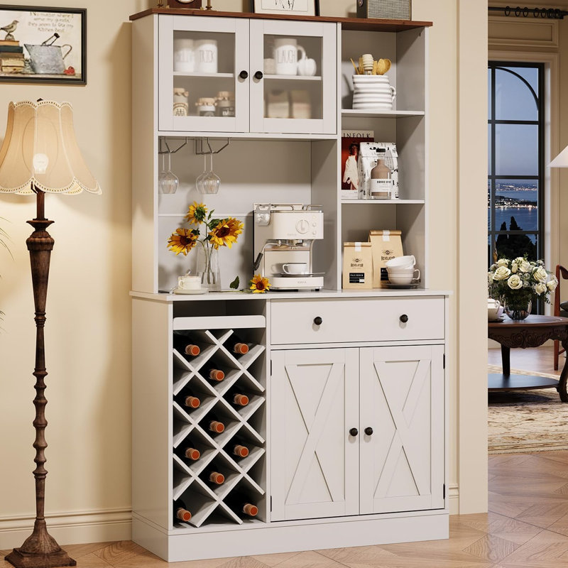 Armoire à café et à vin H 71 po avec support pour 11 bouteilles, tiroirs, tablettes, station de charge intégrée, Blanc