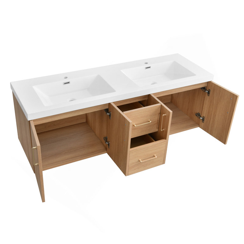 60 Inches Modern Bathroom Vanity Wall Mounted Floating Cabinets Doors Drawers, Gold Handles, Double Sinks, 60"