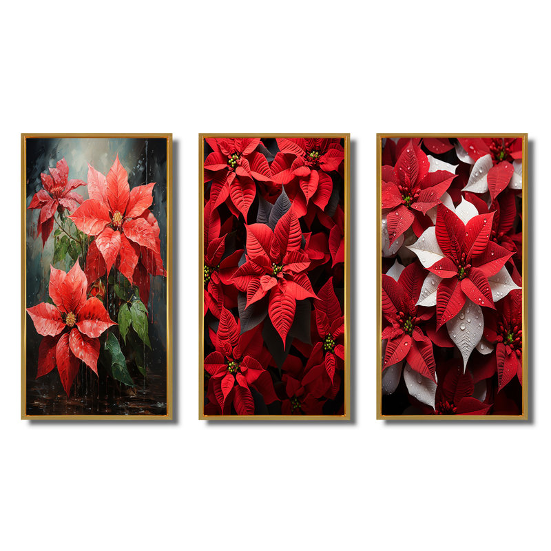 «Red Black Poinsettias Holiday Velvet Patchwork», 3 pièces sur toile, Cadre flottant doré, H 20 po x l 36 po