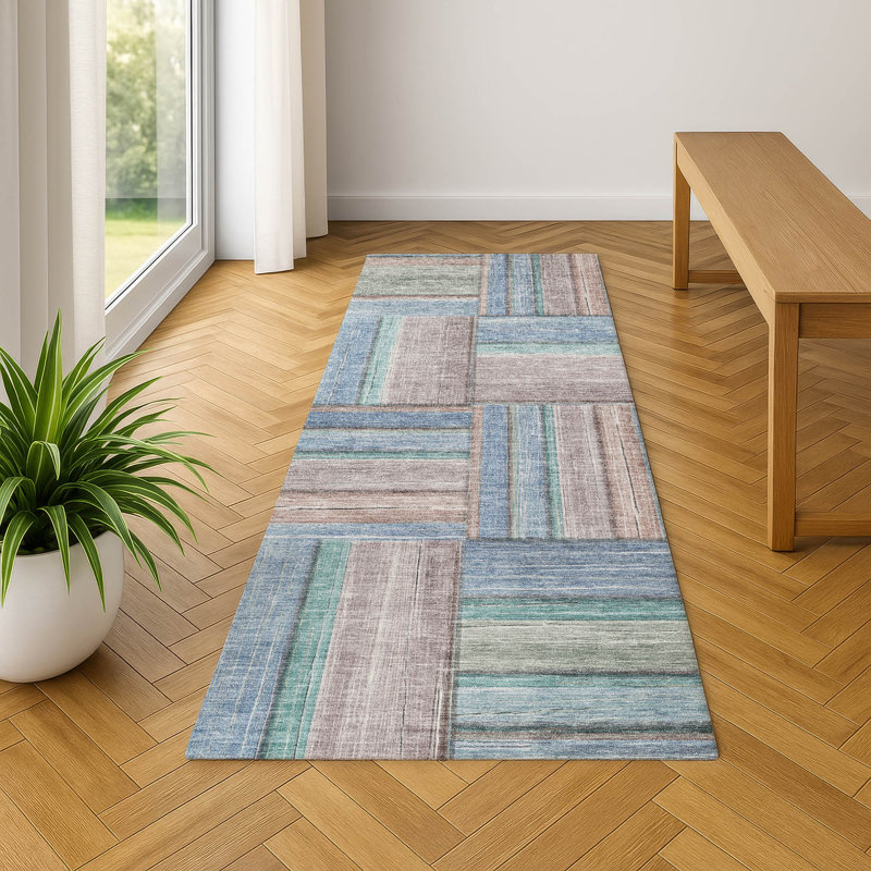 Premium Machine Washable Mayfield AMF2285 Geometric Rug, Denim, 2'3" x 7'6" Runner