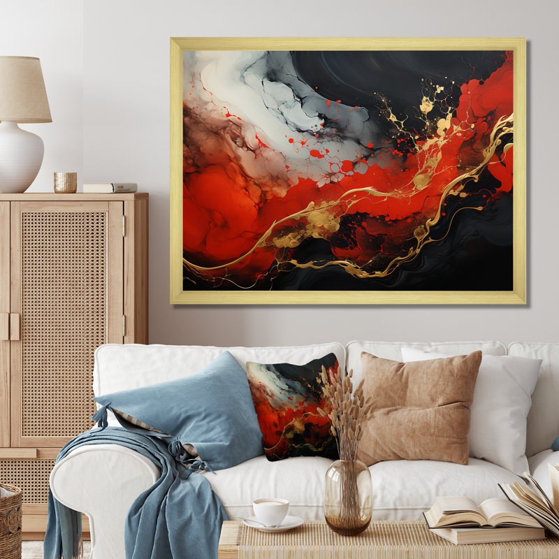 Rouge et or feu de marbre II - peinture abstraite, art mural, Cadre d'angle fermé doré, H 16 po x l 32 po x P 1 po