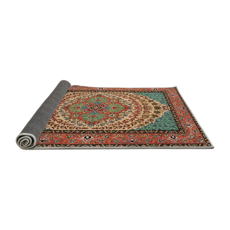 Tapis traditionnel brun / vert / rouge, Rond 5 pi