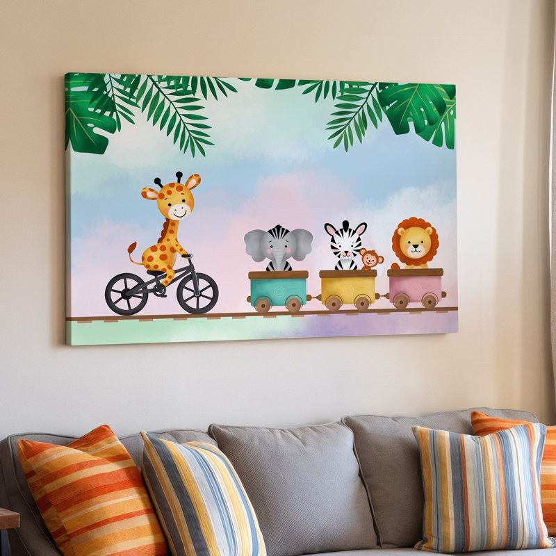 Toile, illustration fantaisiste mettant en vedette une girafe joyeuse chevauchant un monicycle, ornée de taches ludiques et d'une toile