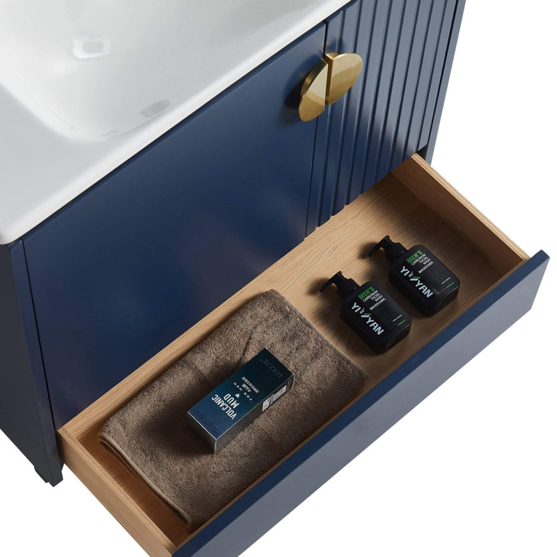 Saimah 30'' Single Bathroom Vanity with Ceramic Top, Satin Brass, Navy Blue
