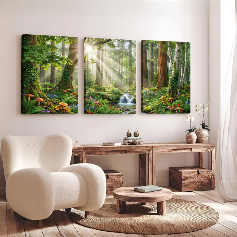«Sunlight Forest Stream», ensemble de 3 reproductions d'art sur toile tendues sur toile, 1218