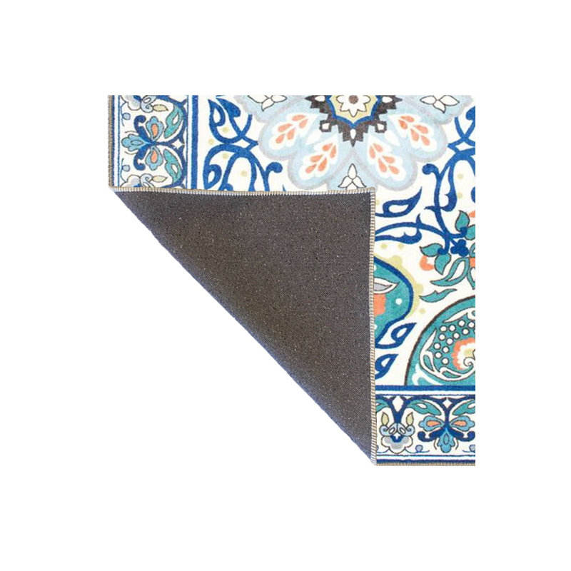 Tapis bleu lavable décoratif à motif floral traditionnel bleu, Sous-tapis carré 3 pi 3 po inclus