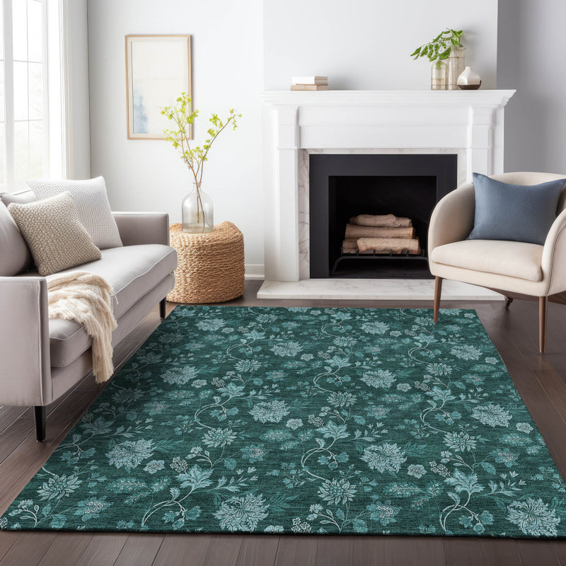 Premium Machine Washable Prisco Teal Rug, Rectangle 5' x 7'6"