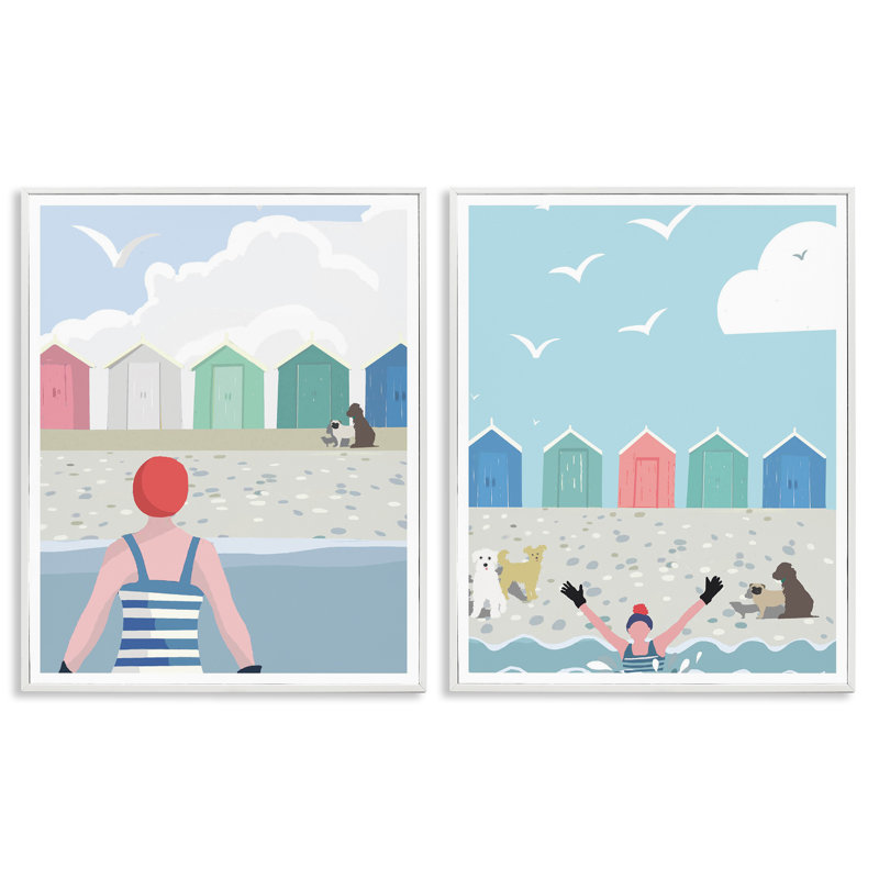 «Beach Changer Huts Dogs», ensemble de 2 estampes numériques encadrées par Betty Boynes, Giclée encadrée blanc bord de mer