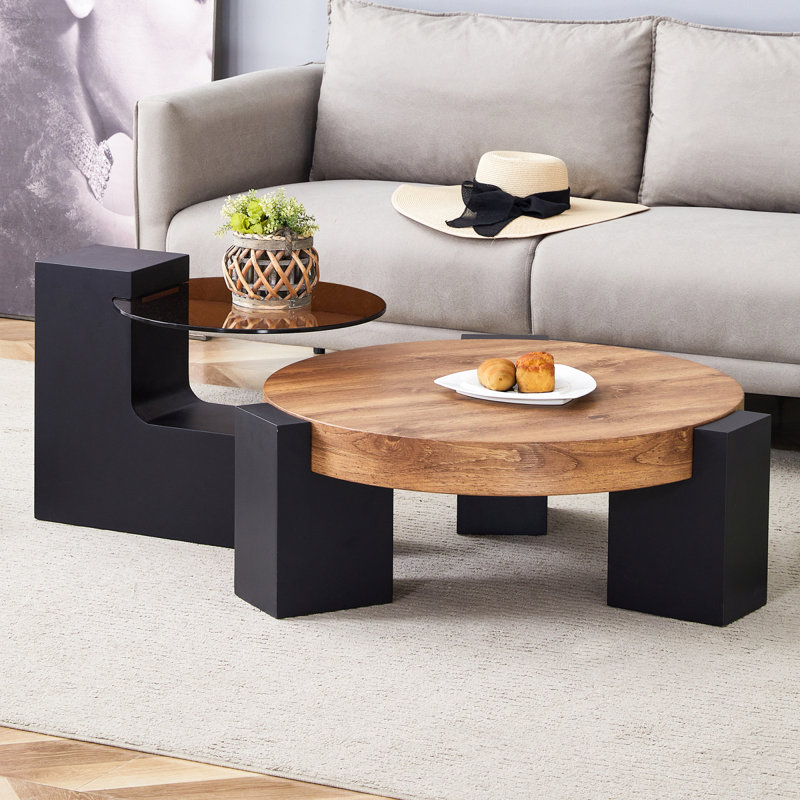 Table basse ronde moderne simple à double couche - plateau en verre avec pieds en MDF en forme de L