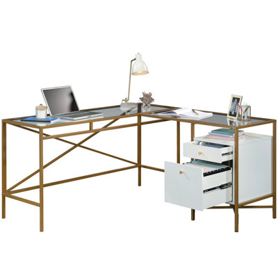 Bureau en L avec finition blanche, design moderne et plateau en verre élégant, surface spacieuse pour les accessoires d'ordinateur portable, bureau à domicile, bureau ou bureau, deux tiroirs avec glissières d'extension, tablette ouverte
