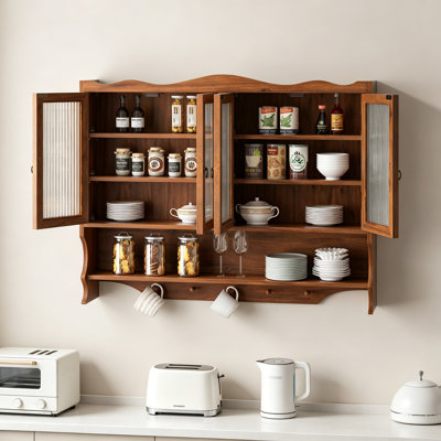 39.37"Retro 4 Door Wall-Mounted Cabinet, Featuring Two Layers Of Storage Space And An Open Hook Rack  Space,Suitable For Bathrooms, Kitchens, Dining Rooms, Brown