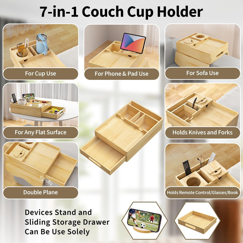 Couch Cup Holder Tray, 7-In-1 Couch Arm Tray, Sofa Clip-On Side Table With Push-Pull Drawer To Organize And Store Small Objects, 360°Swivel Phone Holder