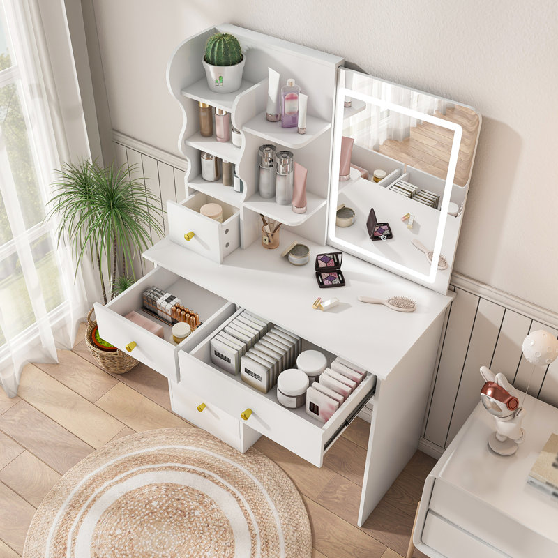 Coiffeuse à 5 tiroirs avec miroir caché et mobile, écran tactile 3 couleurs, idéal pour l'organisation de la chambre à coucher avec éclairage à DEL blanc rétractable, grand espace pour les yeux