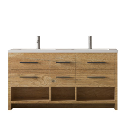 Wicksham 72 po L x 19 po P 6 tiroirs Meuble-lavabo autoportant avec évier double et Comptoir en Polymarbre blanc
