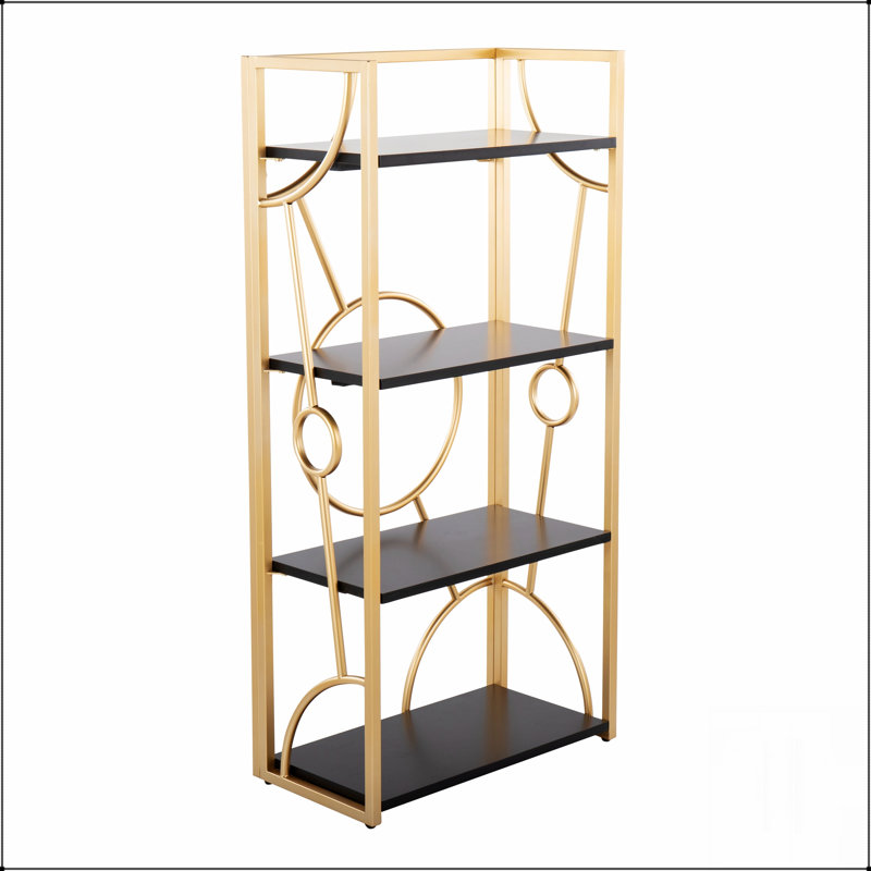 Bibliothèque contemporaine en métal et bois avec cadre doré, idéale pour le rangement moderne et la présentation élégante.