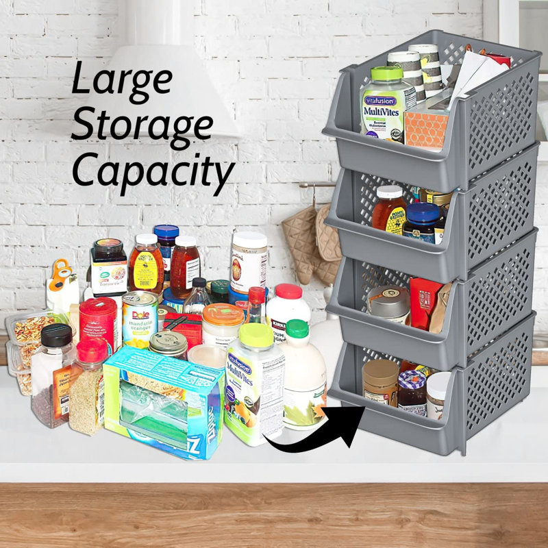 Bacs de rangement empilables pour organisateurs de placard et rangement, ensemble de 4 bacs de rangement pour garage, bacs de rangement empilables, organisateur de salle de bain et de garage (gris)