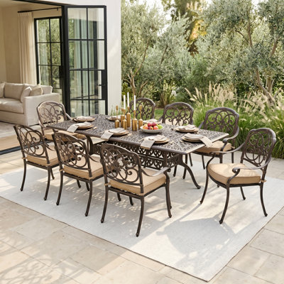 Ensemble de salle à manger 9 pièces pour l'extérieur en fonte d'aluminium, table rectangulaire de 87 po et 8 chaises avec coussins amovibles, ensemble de patio en bronze antique pour 8 personnes avec trou pour parasol de 2 po, résistant aux intempéries
