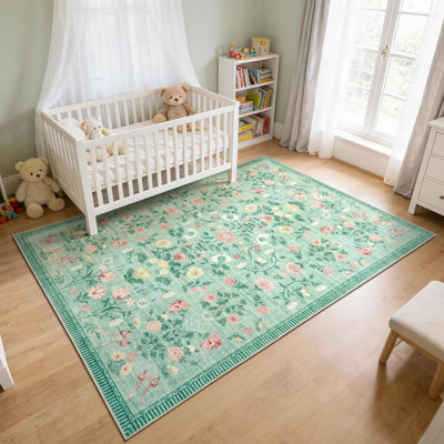 5x7 Vintage Floral Area Rug, Washable Non Slip Rug for Living Room Bedroom, Green