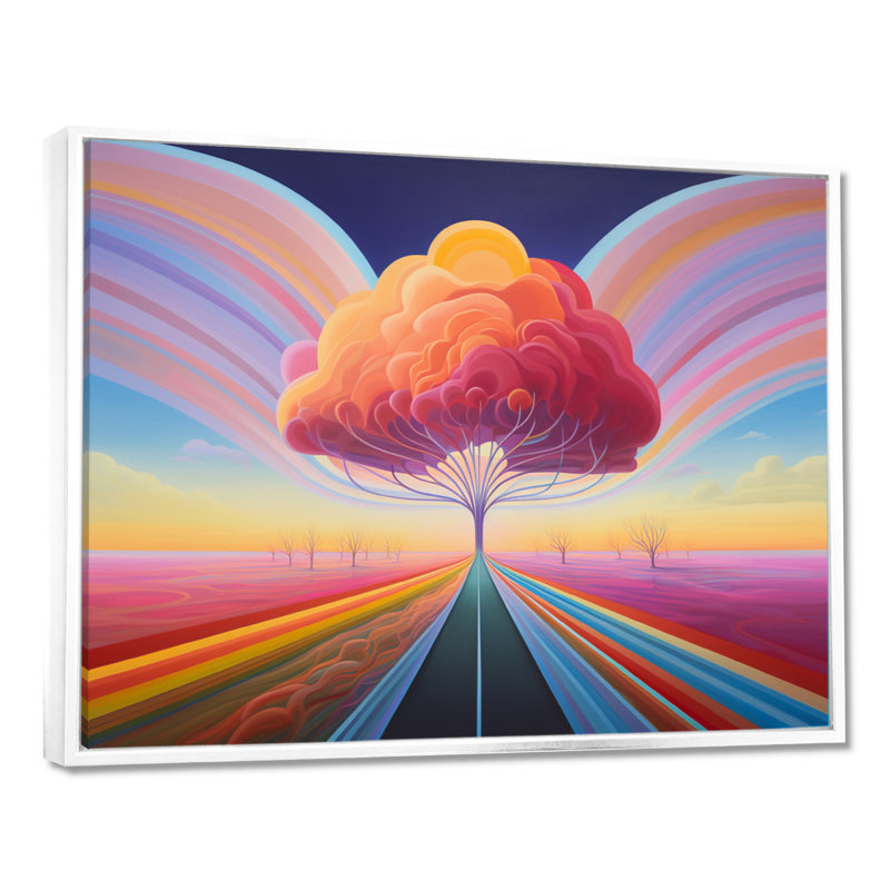 «Pastel Country Road Pink Majestic Tree Sunset», art mural abstrait, Toile encadrée flottée blanche