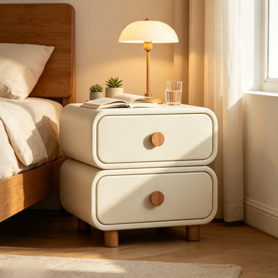 Cream 2-Drawer Nightstand, Modern Soft Rounded End Table with Wood Knobs & Solid Wood Legs, Multi-Purpose Bedside Storage Cabinet for Bedroom & Small Spaces