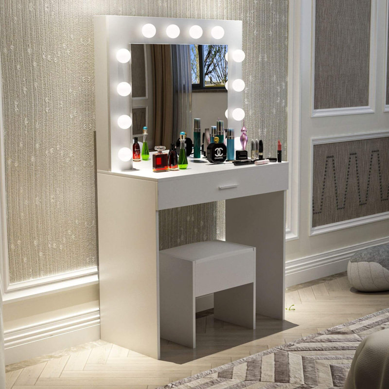 Reniya 1 Drawer Dressing Table Set with LED Mirror, White