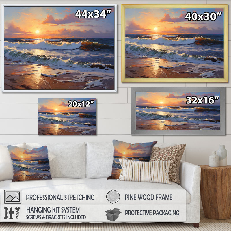 Coucher de soleil, tranquillité, plage vibrante, mariage I - reproduction, H 12 po x l 20 po x P 1 po, Cadre flottant blanc
