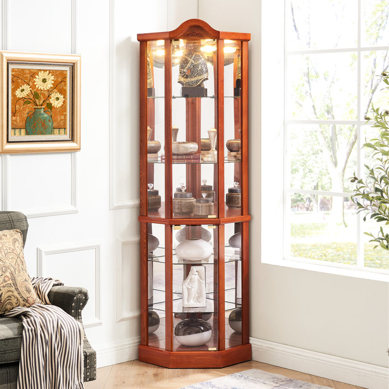 Oak Lighted Curio Cabinet With Customizable Shelves And Elegant Design Classy Display Adjustable Fine Details, Oak