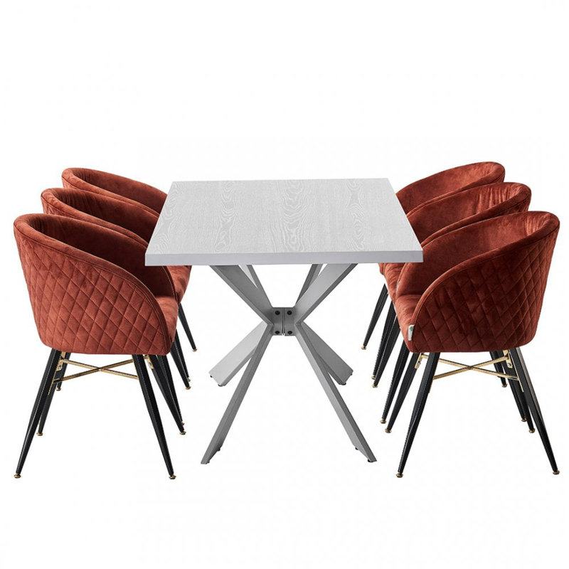 Goddard  6 Person Dining set - a Rectangular Wooden Dining Table with Metal Legs and a Set of 6 Quilted Velvet Dining Chairs for Dining Room - Modern Dining Table Set