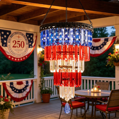 Solar Powered Outdoor Hanging Chandelier，250Th Independence Day , Patriotic Red White Blue Crystal Chandelier Outdoor Hanging Light,  For 4Th Of July, Garden Patio Gazebo Party