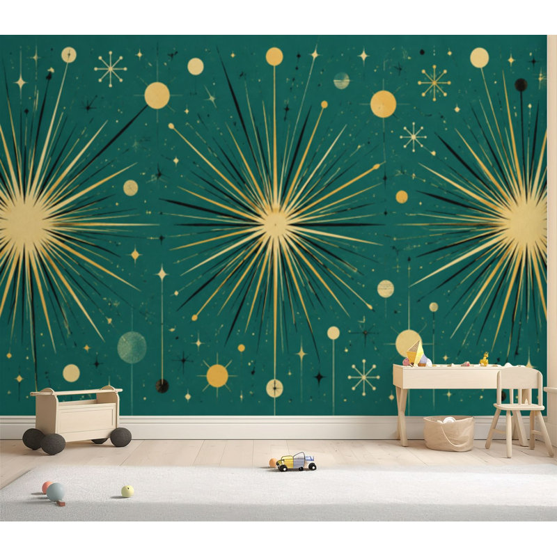 Papier peint adhésif autocollant amovible de style Mid-Century moderne vert, noir et bleu, H 69 po x l 96 po
