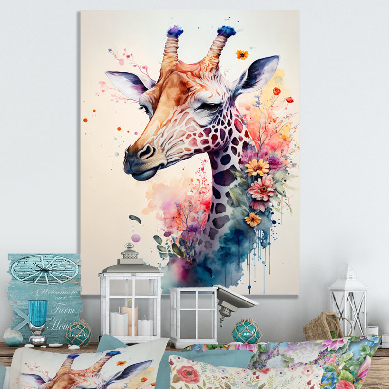 «Cute Giraffe Floral Art II», peinture sur toile, H 32 po x l 16 po x P 1 po, Toile tendue