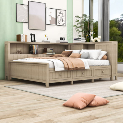 Crionna Wood Daybed with Built-In Storage Drawers and Shelves