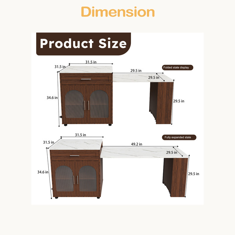 80-Inch Expandable Kitchen Island With Dining Table, Marble-Grain Countertop With Power Outlet, Mobile Storage Cart With Cabinet & 2 Drawers