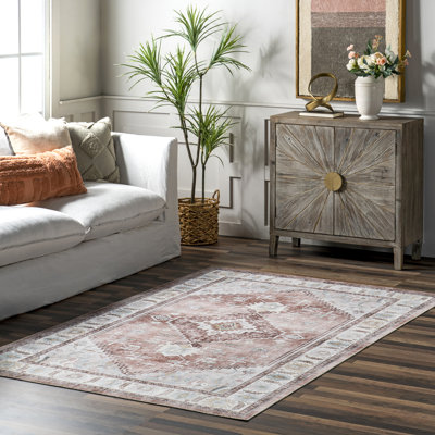 Lawrence Medallion Machine Washable Area Rug for Living Room Bedroom Dining Room Kitchen, Blush