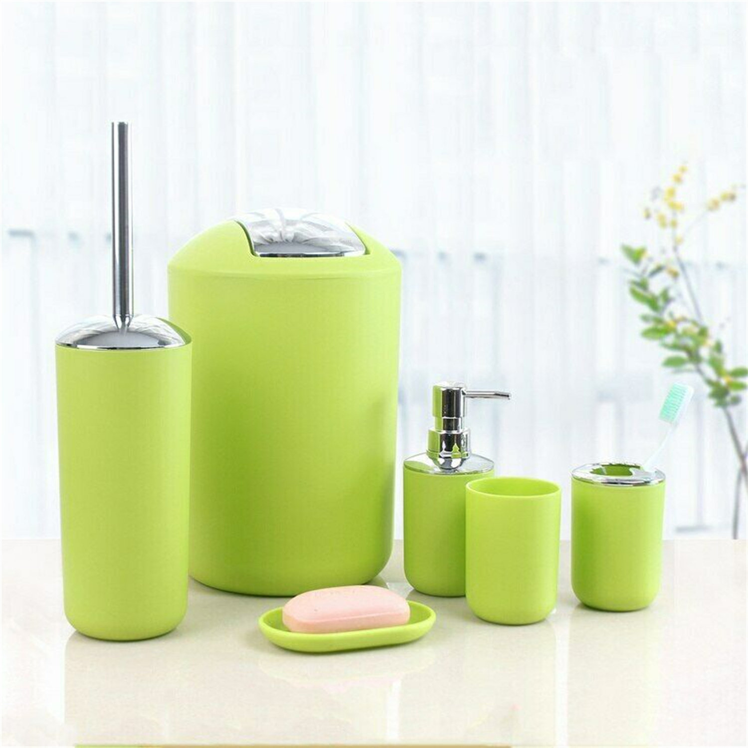 Green Acrylic Bathroom Accessory Set, 5 Pcs Bathroom Accessories Set with Lotion Dispenser,Soap Dish,Tumbler,Toothbrush Holder,Toilet Brush Set