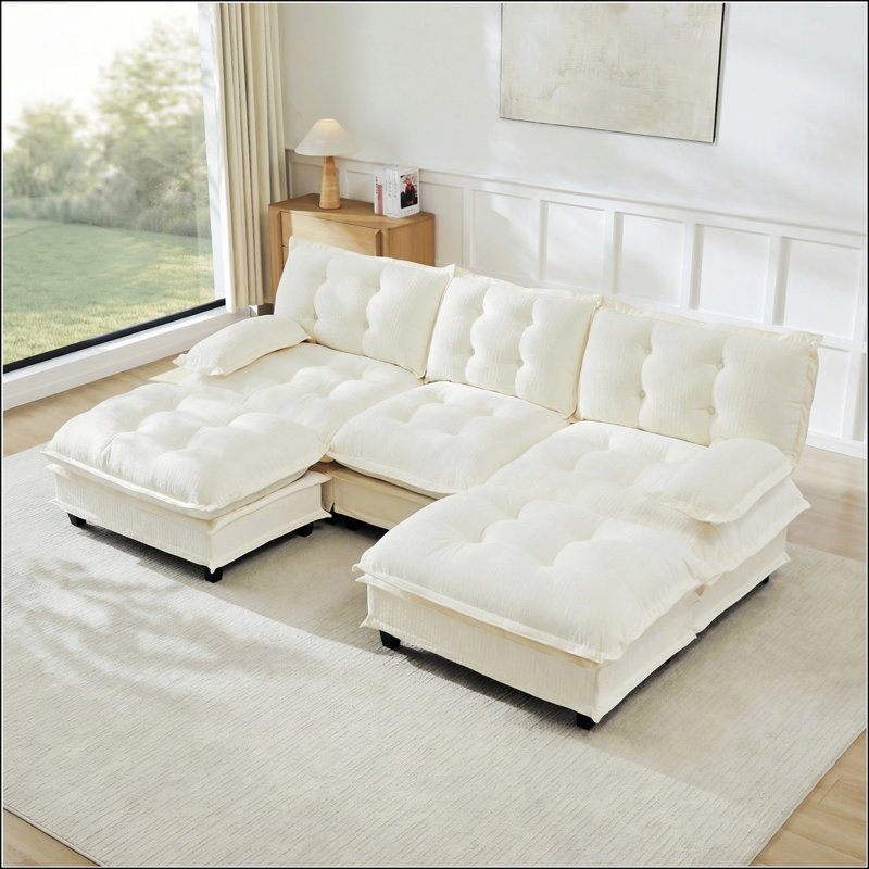 Canapé modulaire en L moderne avec repose-pieds, assise profonde et coussins en chenille confortables pour le salon et la chambre à coucher