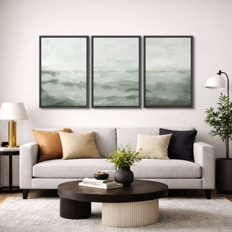 Minimal Landscape "Sage Green Modern Organic Artwork, Simple Abstract Bedroom Wall Pictures, Large Framed Canvas Giclee Print 3 Pieces Wall Art Set"   16x24x3 pcs, 24x36x3 pcs