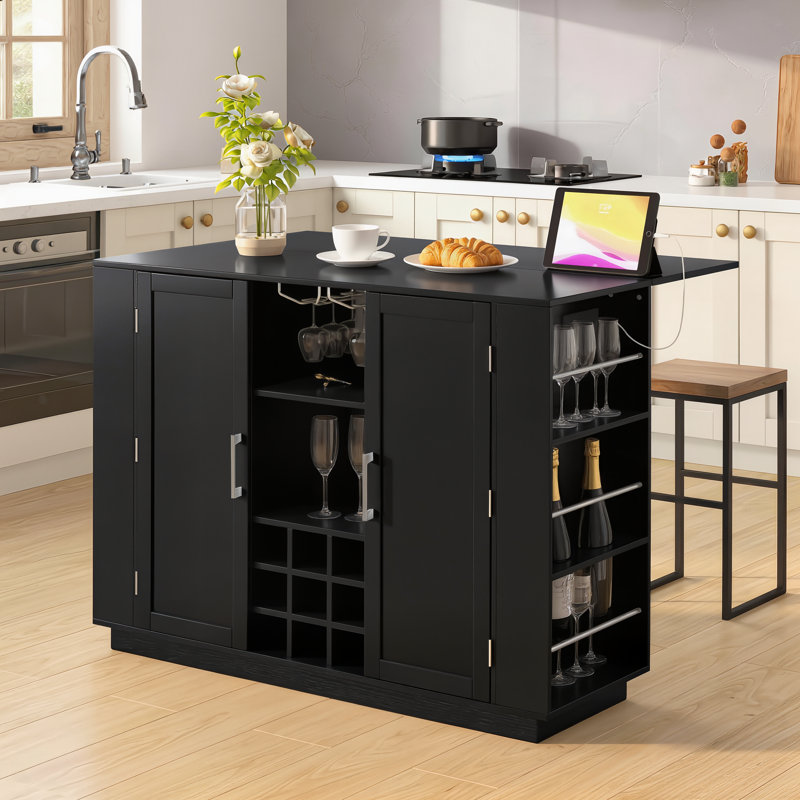 47.4-Inch U-Shaped Bar Table, Folding Tabletop With Power Outlet, Double-Door Storage Cabinet, Built-In Wine Rack, Multi-Purpose For Dining Room Use, Black.