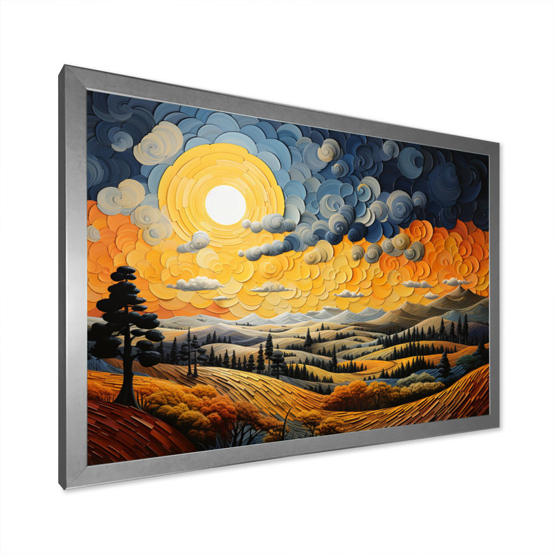 «Countryside Yellow and Blue Hills Patchwork I», reproduction sur toile, H 24 po x l 32 po x P 1 po, Cadre simple argenté