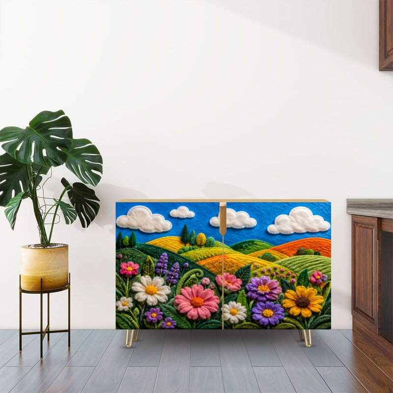 Buffet buffet avec rangement en feutre coloré à fleurs vibrantes avec 2 portes pour le salon et la cuisine