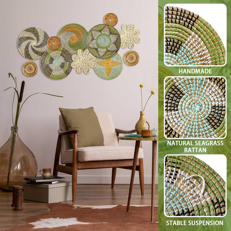 Handwoven Multicolor Bulrush Boho Wall Basket Set, 11 Pieces
